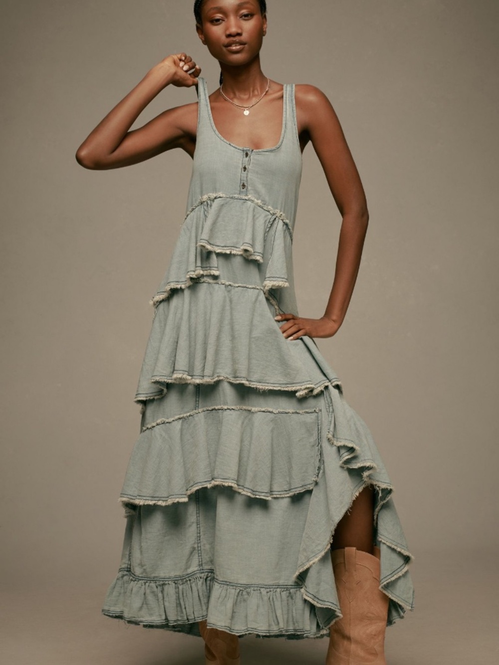Pilcro Anthropologie Sleeveless Bow Back Tiered Ruffled Denim Midi Dress Small S